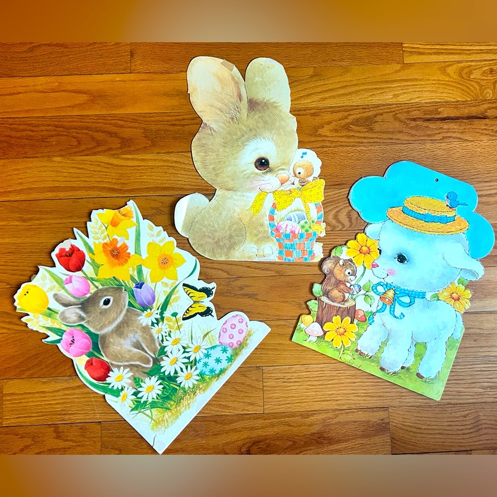 VINTAGE 1980s Lot Of 3 CARDBOARD EASTER BUNNY CHICKS LAMB HANGING DECORATIONS